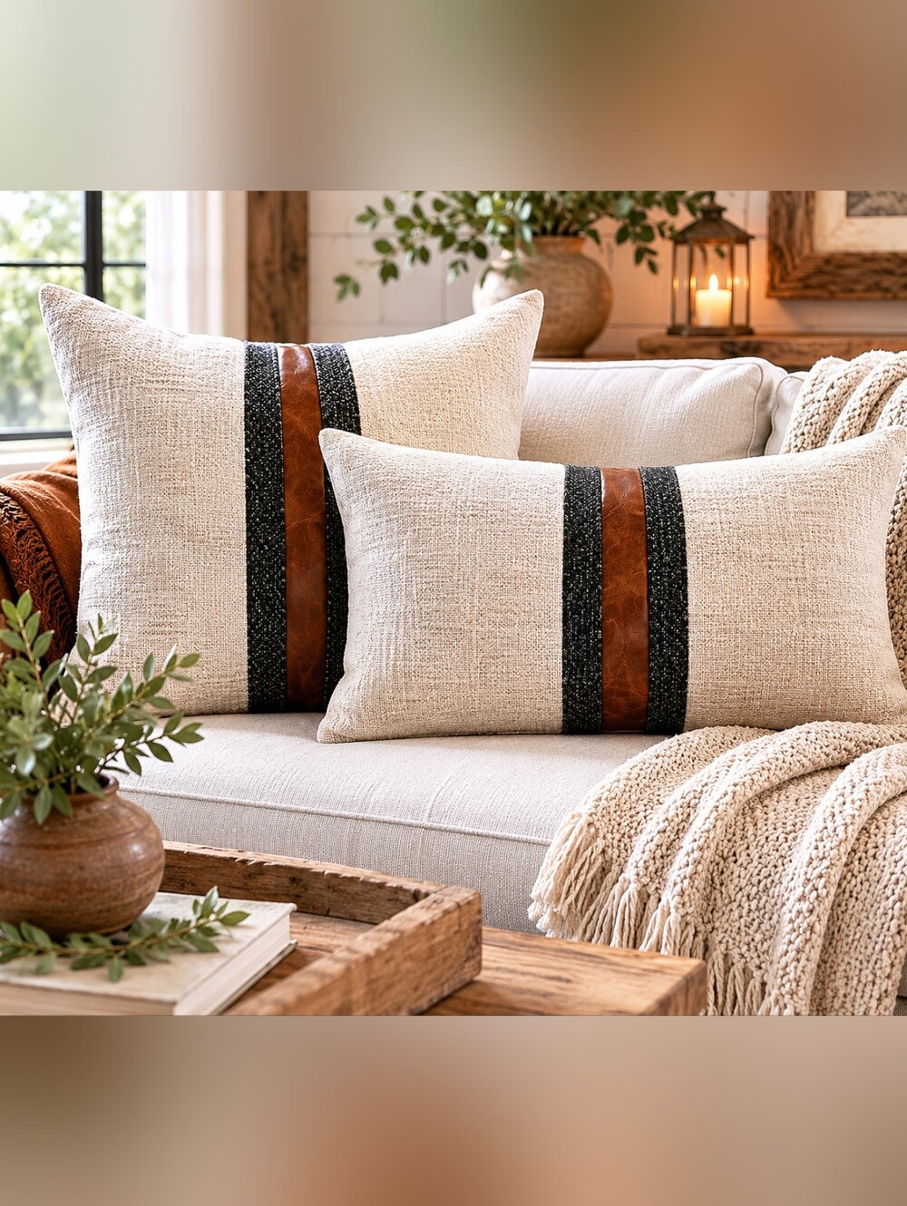 Modern Farmhouse Decorative Pillow Covers By Boysum, Faux Leather, Charcoal Band